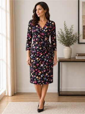 Lauren Ralph Lauren Black Floral Faux Wrap Dress Midi Dress Size 12